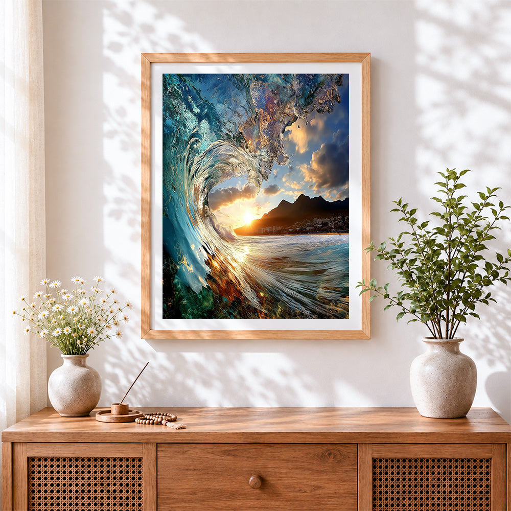 Finished dramatic ocean wave curling cross stitch artwork displayed