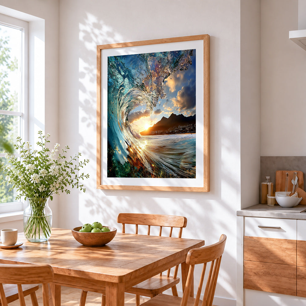 Dramatic ocean wave curling cross stitch artwork displayed on wall as home decor