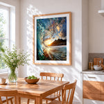 Dramatic ocean wave curling cross stitch artwork displayed on wall as home decor