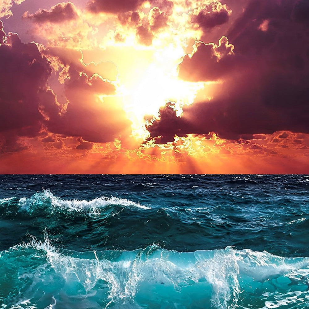Dramatic ocean waves at sunset cross stitch kit for beginners