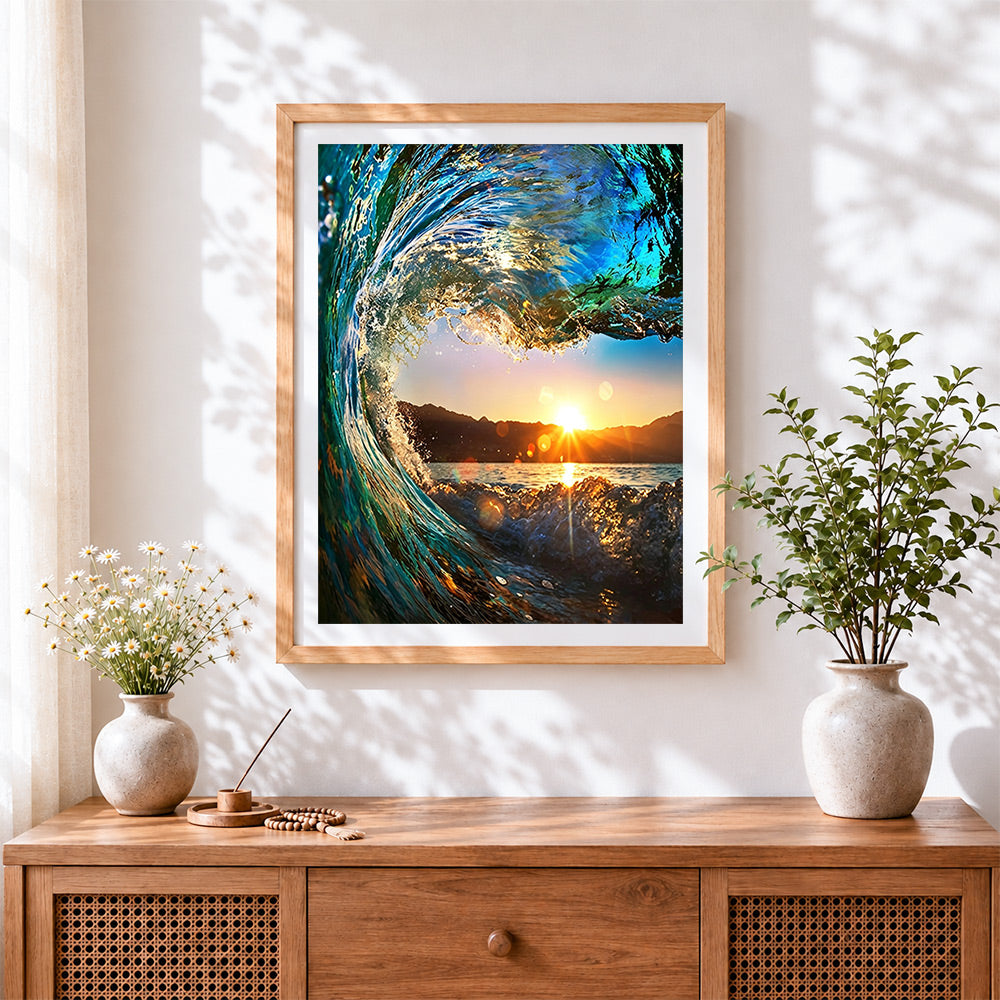 Finished dramatic ocean waves cross stitch artwork displayed