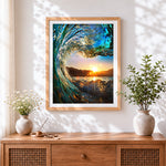Finished dramatic ocean waves cross stitch artwork displayed