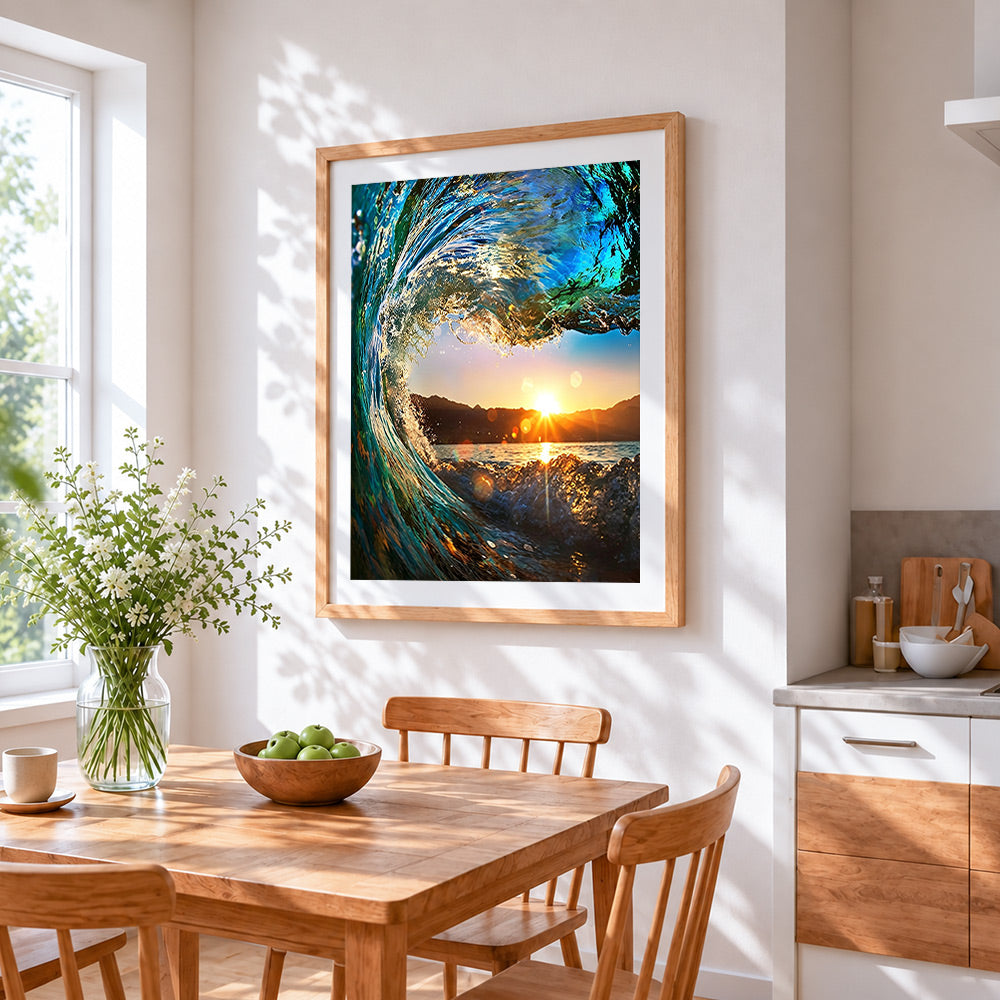 Dramatic ocean waves cross stitch artwork displayed on wall as home decor