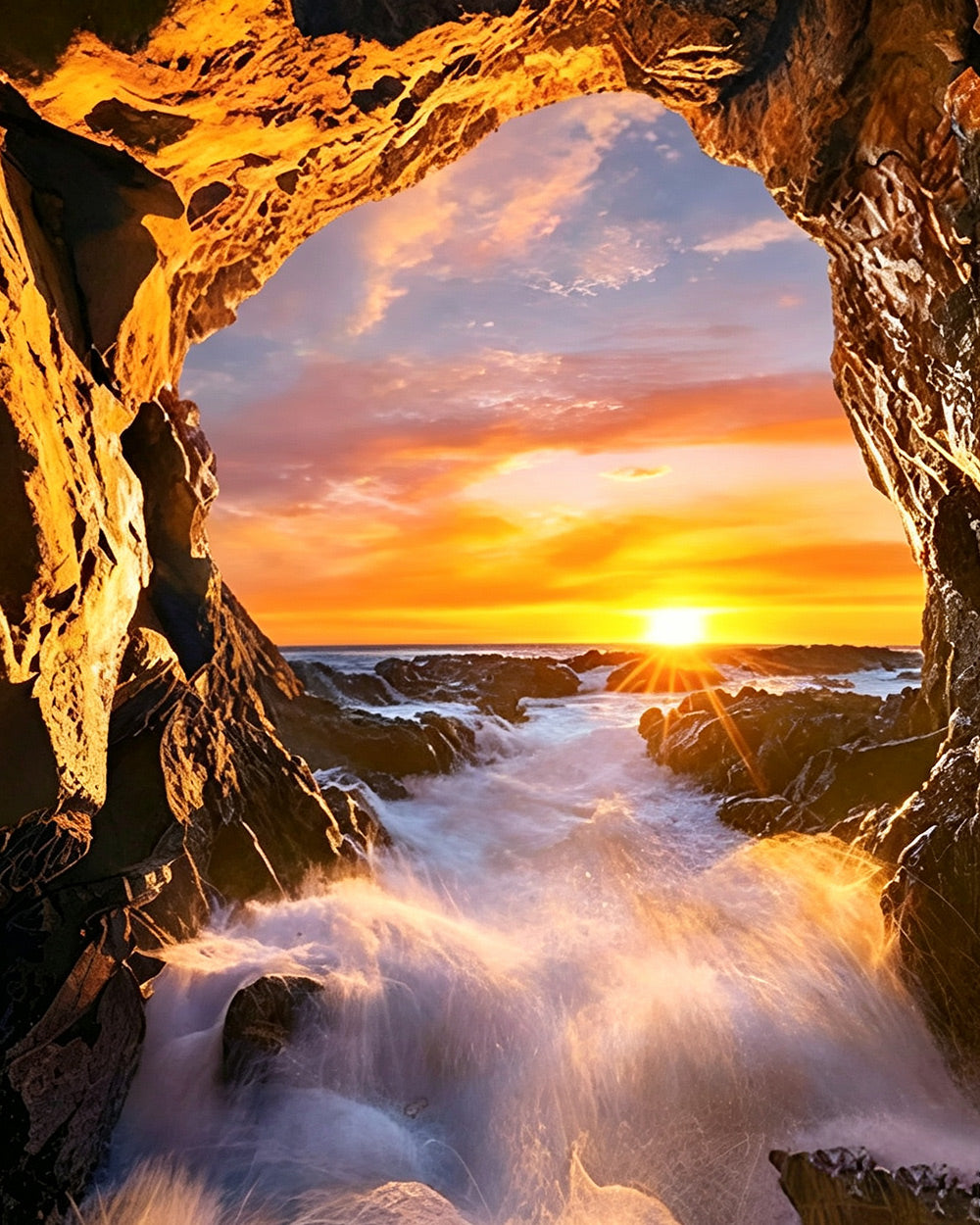 Dramatic sea cave sunset cross stitch kit for beginners