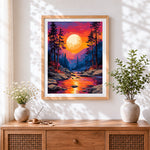 Finished dramatic sunset over river cross stitch artwork displayed