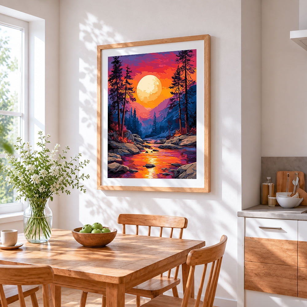 Dramatic sunset over river cross stitch artwork displayed on wall as home decor