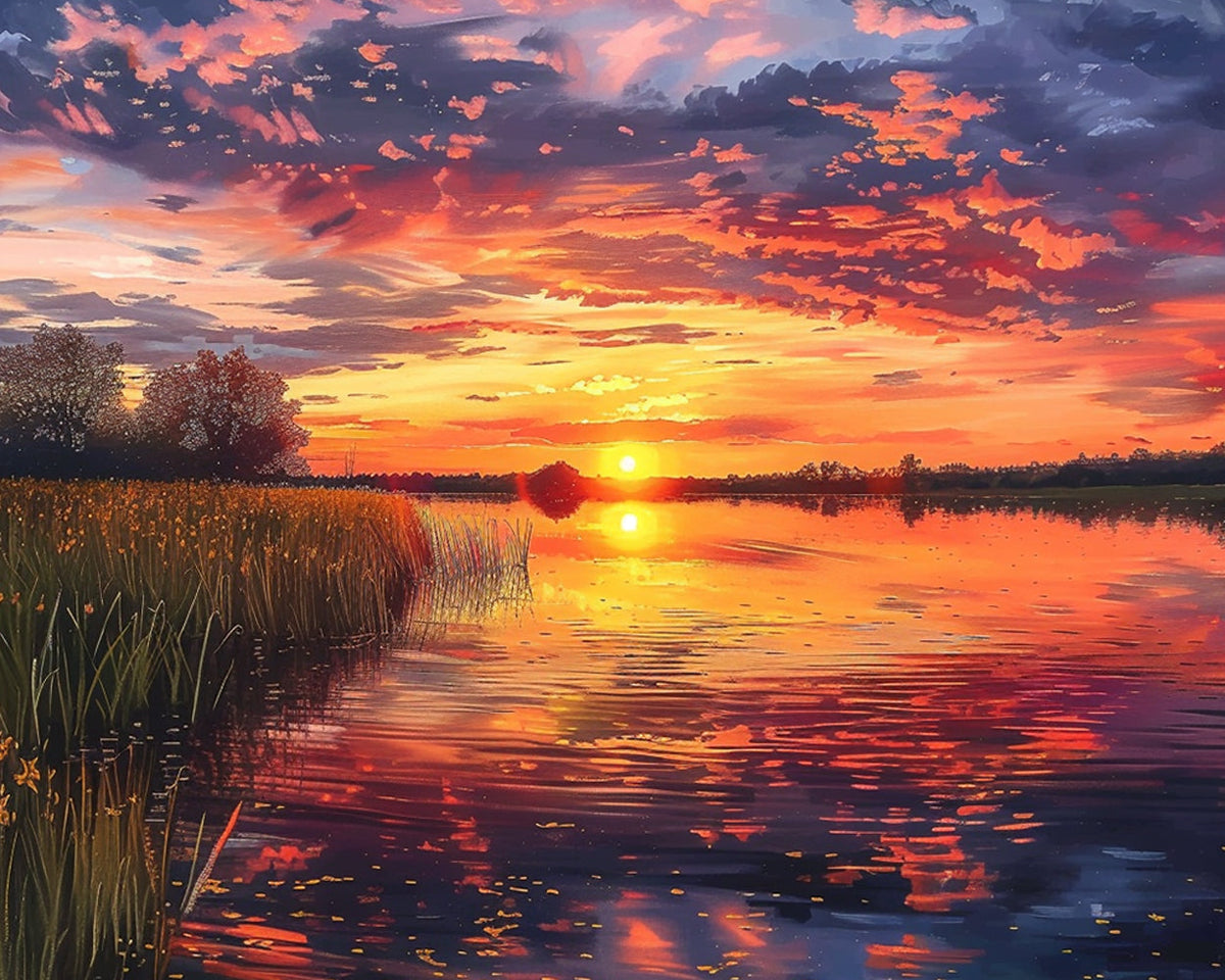 Dramatic sunset over wetlands cross stitch kit for beginners