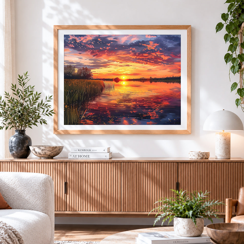 Finished dramatic sunset over wetlands paint by numbers artwork displayed as home decor