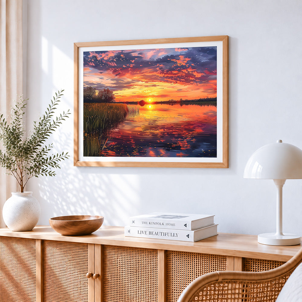 Dramatic sunset over wetlands paint by numbers artwork displayed on wall as home decor