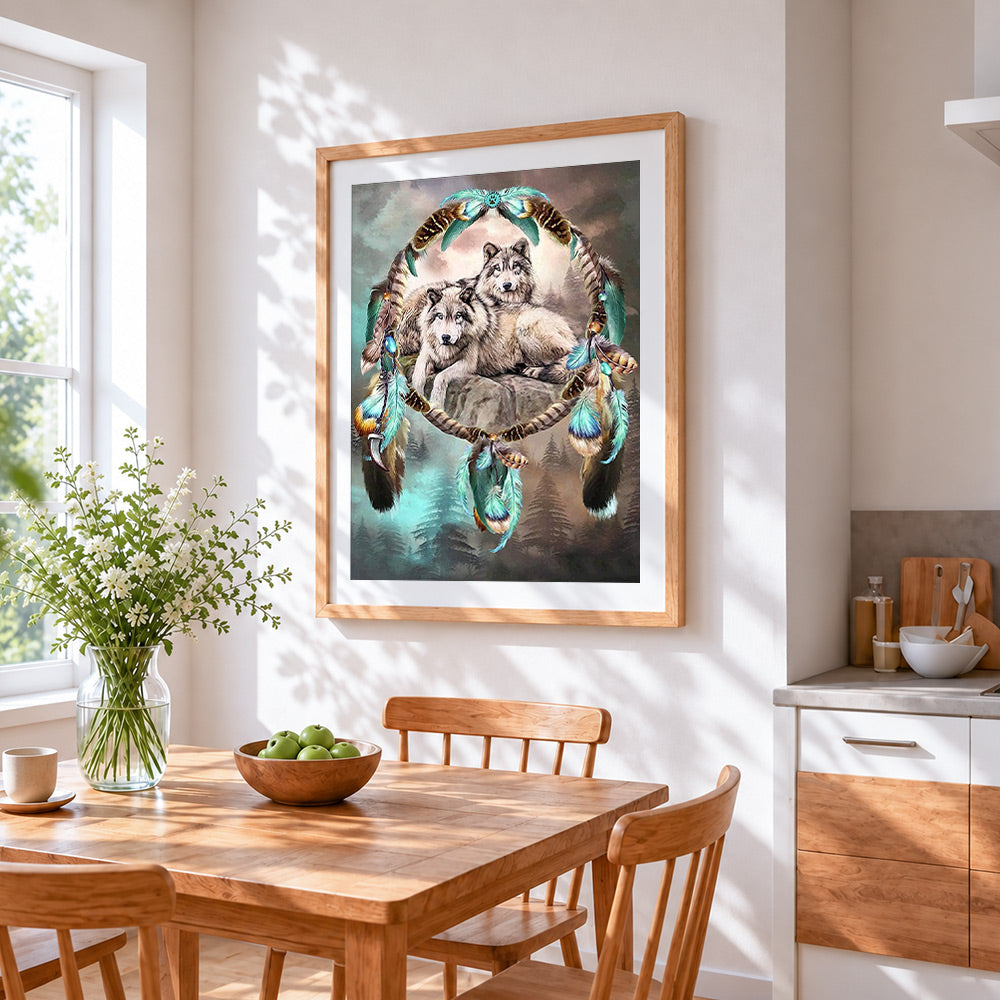Dreamcatcher and wolves cross stitch artwork displayed on wall as home decor