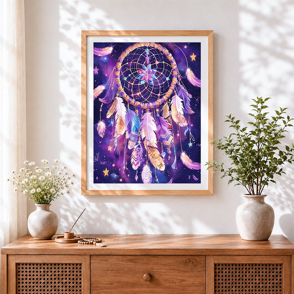 Finished dreamcatcher in starry night sky cross stitch artwork displayed
