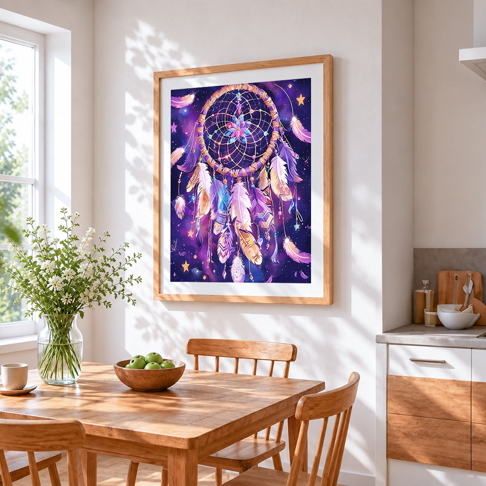 Dreamcatcher in starry night sky cross stitch artwork displayed on wall as home decor