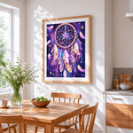 Dreamcatcher in starry night sky cross stitch artwork displayed on wall as home decor