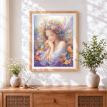 Finished dreamy angel with floral crown cross stitch artwork displayed