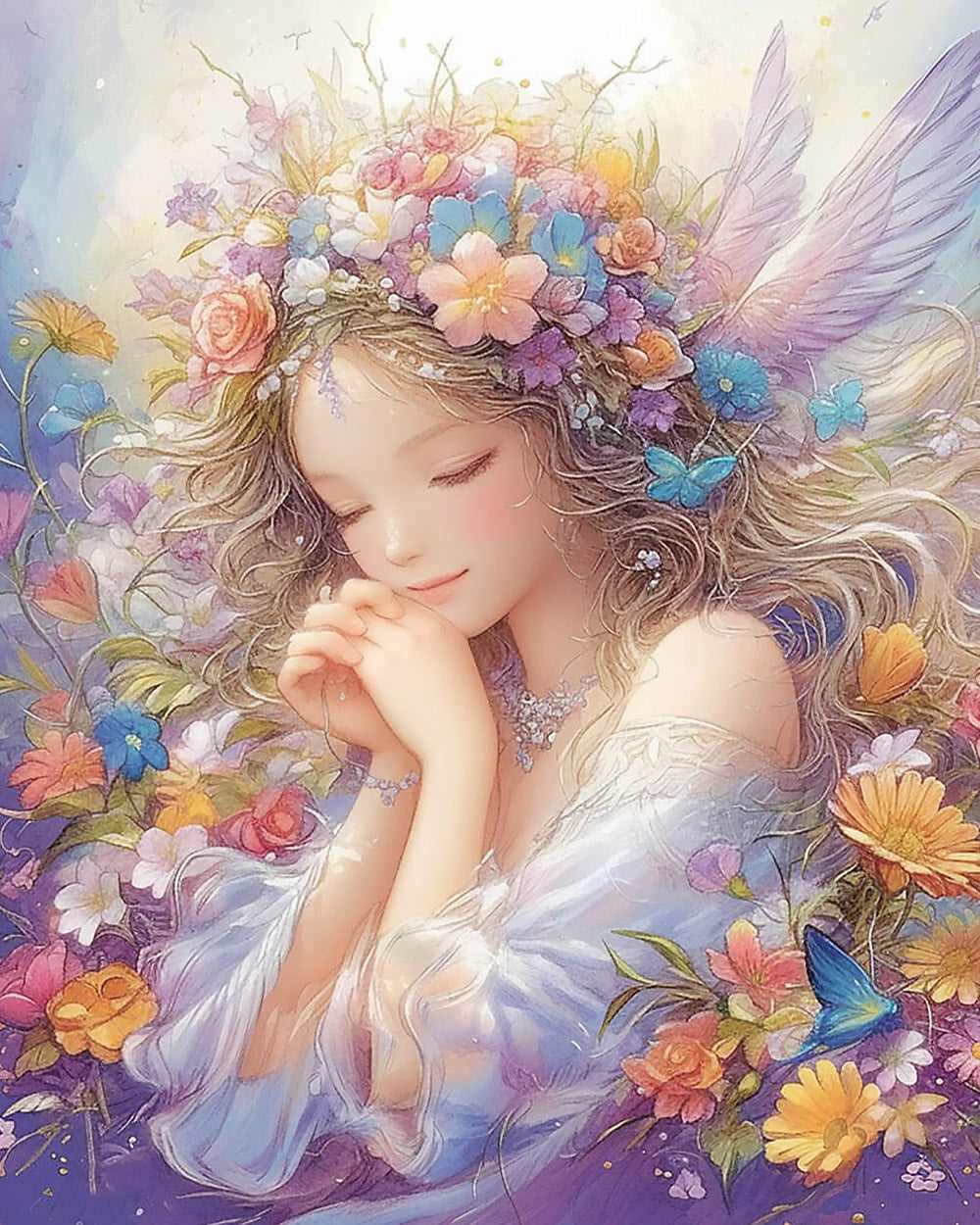 Dreamy angel with floral crown cross stitch kit for beginners