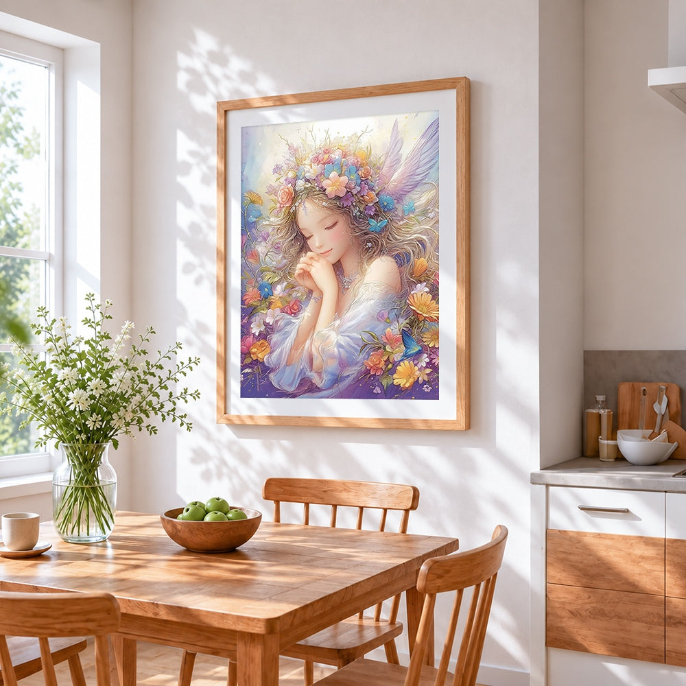 Dreamy angel with floral crown cross stitch artwork displayed on wall as home decor