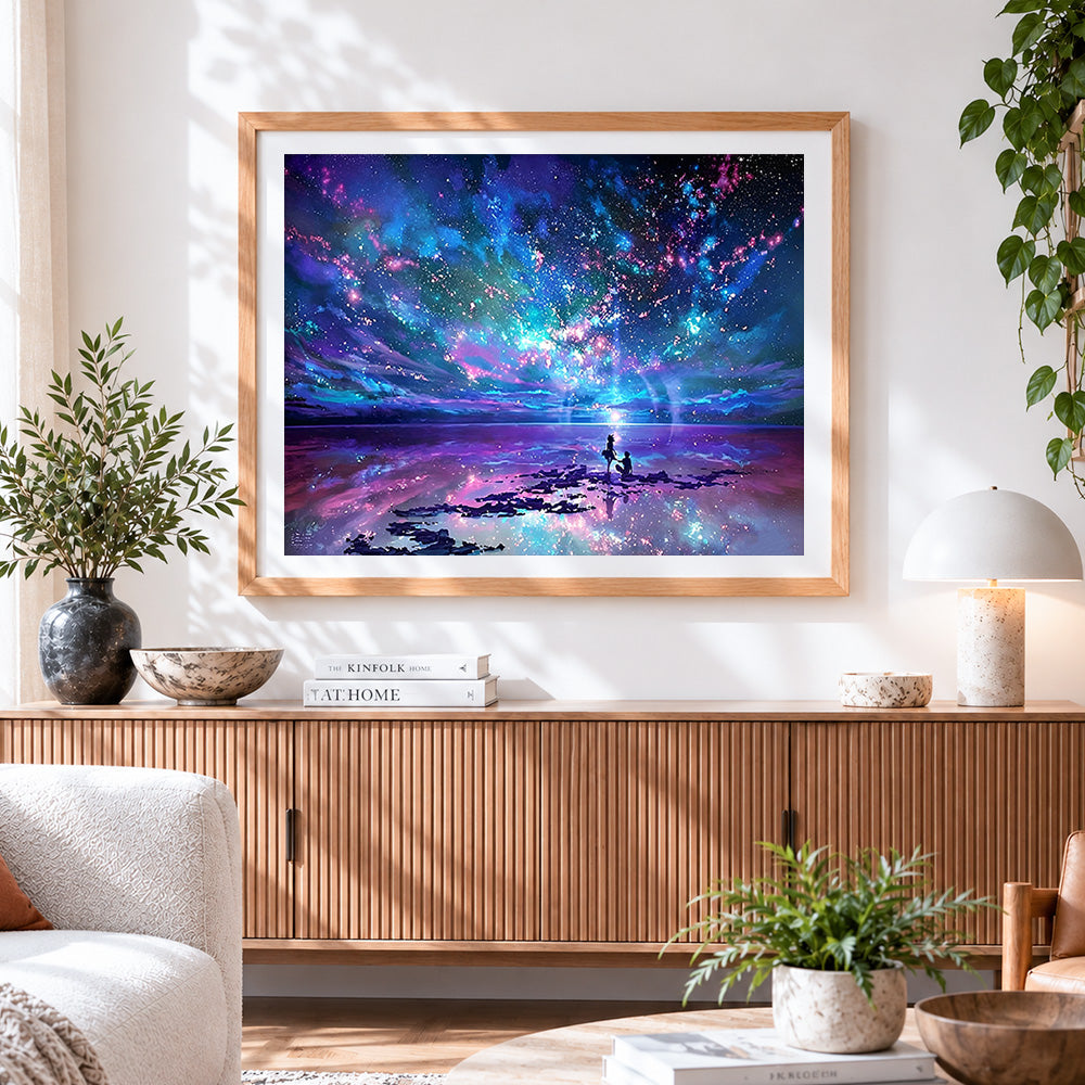 Finished dreamy blue starry sky and couple cross stitch artwork displayed