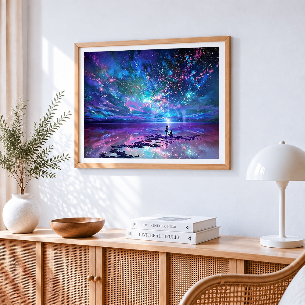 Dreamy blue starry sky and couple paint by numbers artwork displayed on wall as home decor