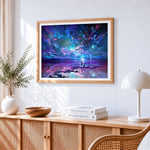 Dreamy blue starry sky and couple paint by numbers artwork displayed on wall as home decor