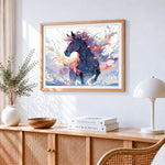 Dreamy colourful horse in motion cross stitch artwork displayed on wall as home decor