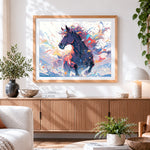 Finished dreamy colourful horse in motion paint by numbers artwork displayed as home decor
