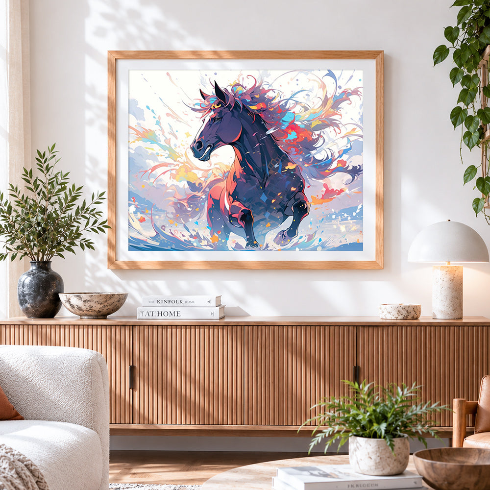 Finished dreamy colourful horse in motion paint by numbers artwork displayed as home decor