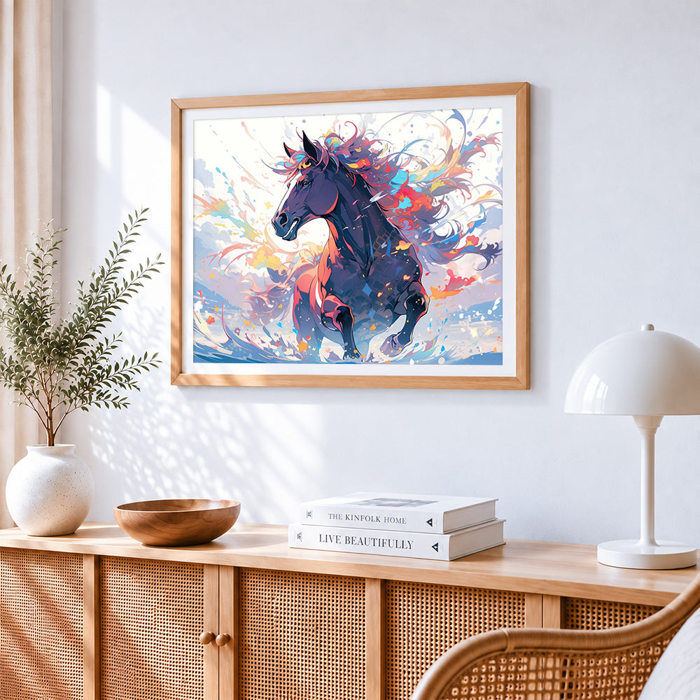 Dreamy colourful horse in motion paint by numbers artwork displayed on wall as home decor