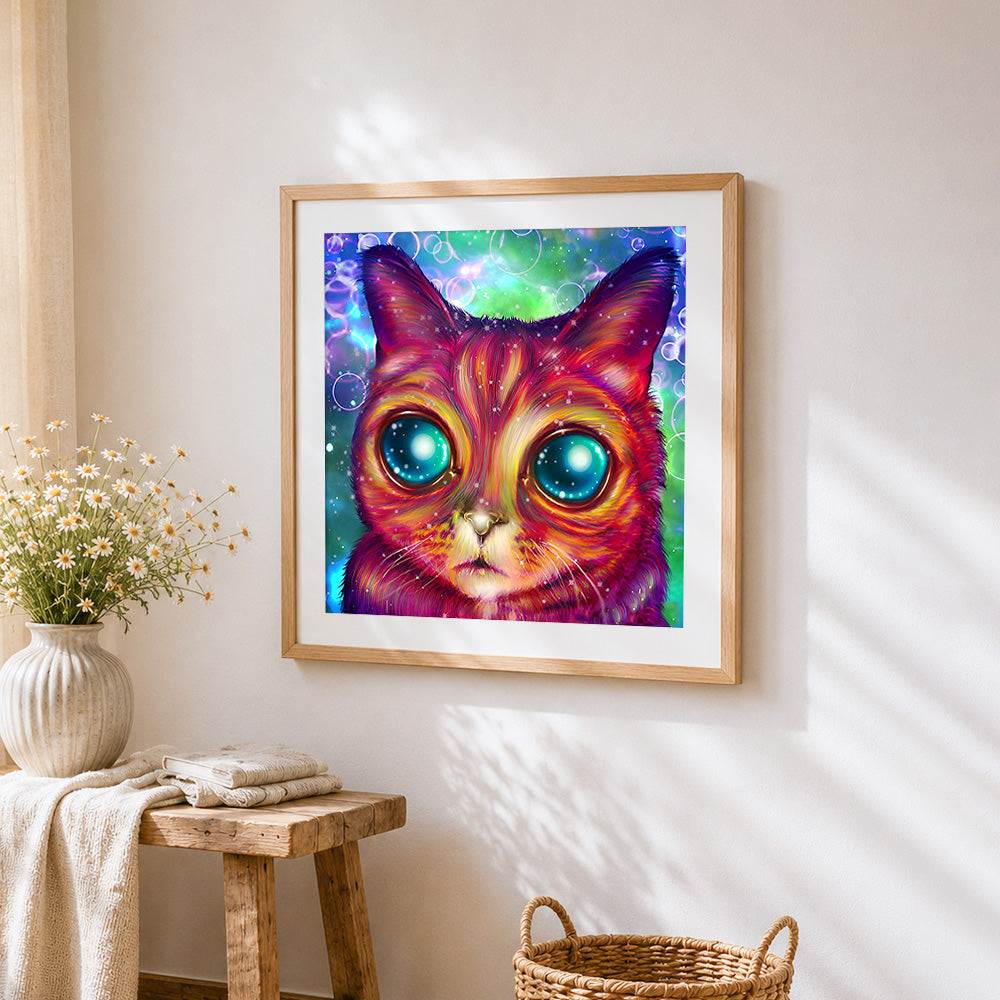 Dreamy cosmic cat cross stitch artwork displayed on wall as home decor