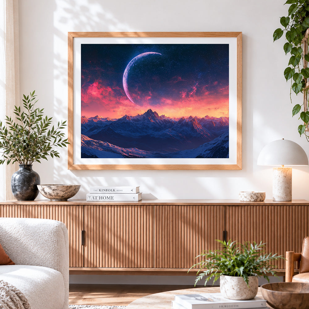 Finished dreamy crescent moon and snowy mountains cross stitch artwork displayed