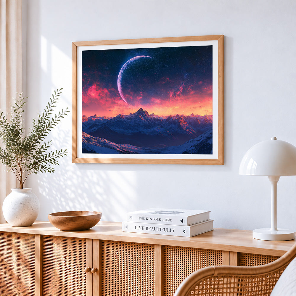 Dreamy crescent moon and snowy mountains paint by numbers artwork displayed on wall as home decor