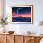 Dreamy crescent moon and snowy mountains paint by numbers artwork displayed on wall as home decor