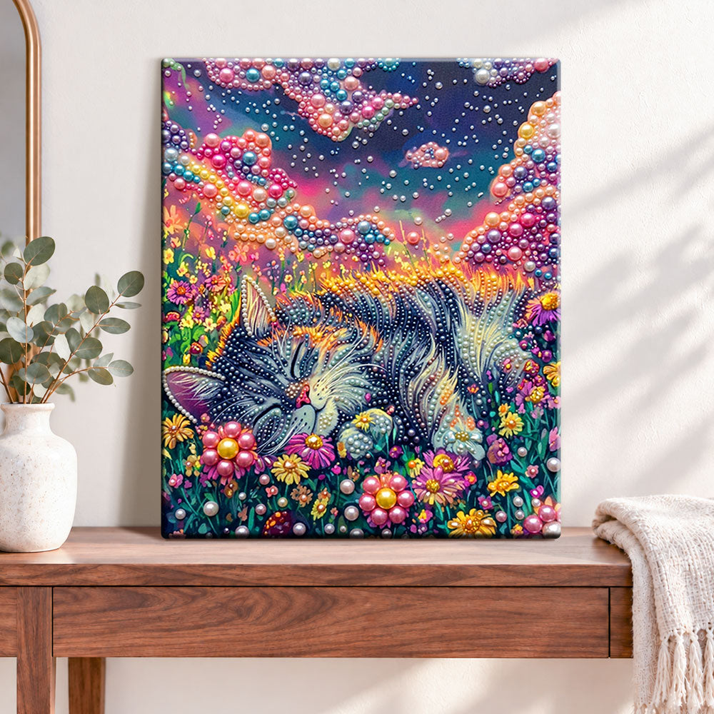 Finished dreamy floral slumber pearl diamond painting artwork displayed as home decor