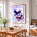 Dreamy flying butterflies cross stitch artwork displayed on wall as home decor