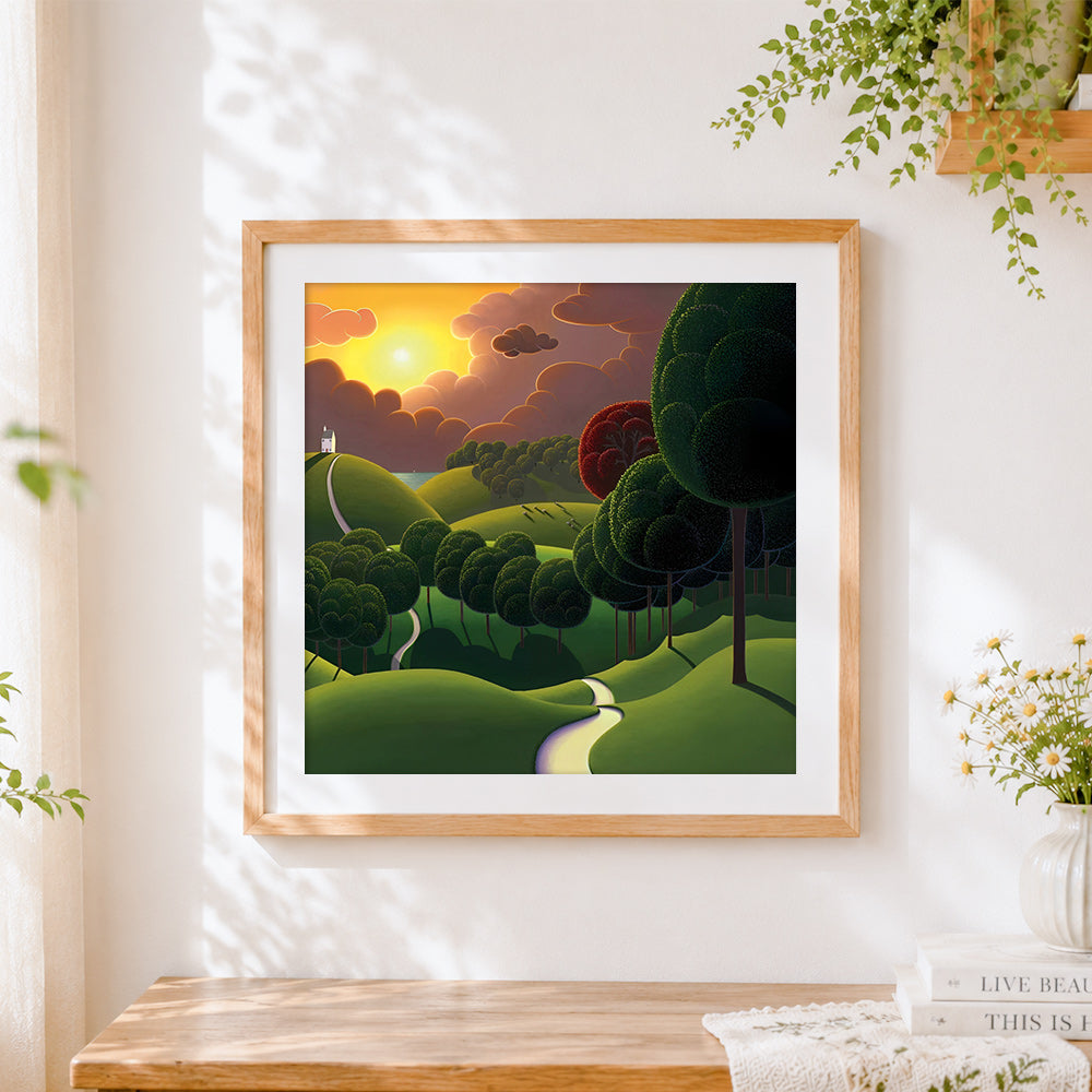 Finished dreamy green hills and white house cross stitch artwork displayed