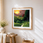 Dreamy green hills and white house cross stitch artwork displayed on wall as home decor