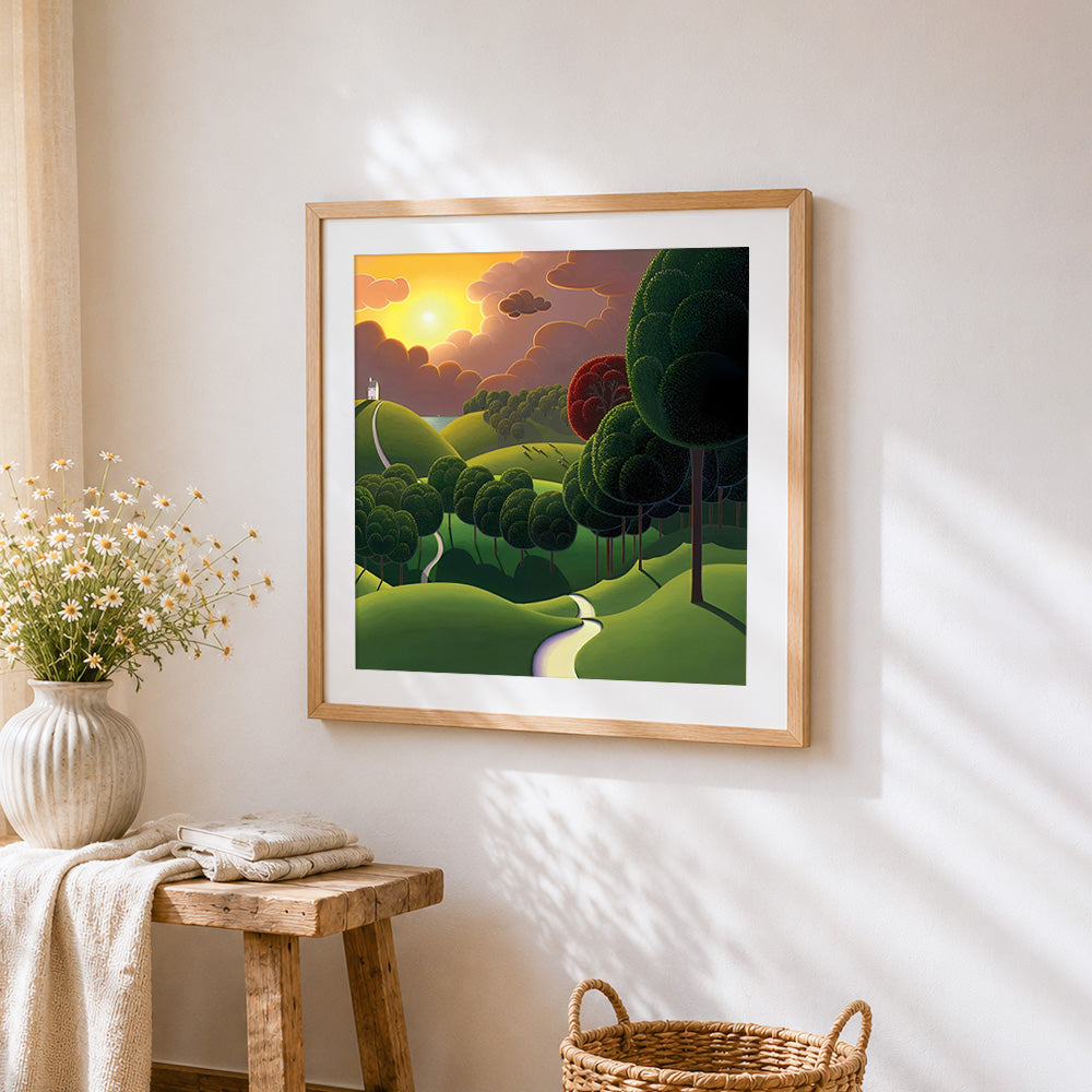 Dreamy green hills and white house cross stitch artwork displayed on wall as home decor