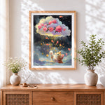 Finished dreamy kitten and starry cloud cross stitch artwork displayed