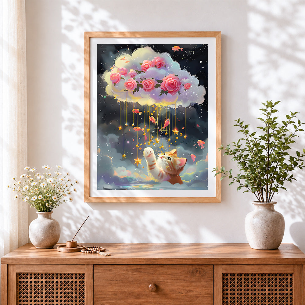 Finished dreamy kitten and starry cloud cross stitch artwork displayed
