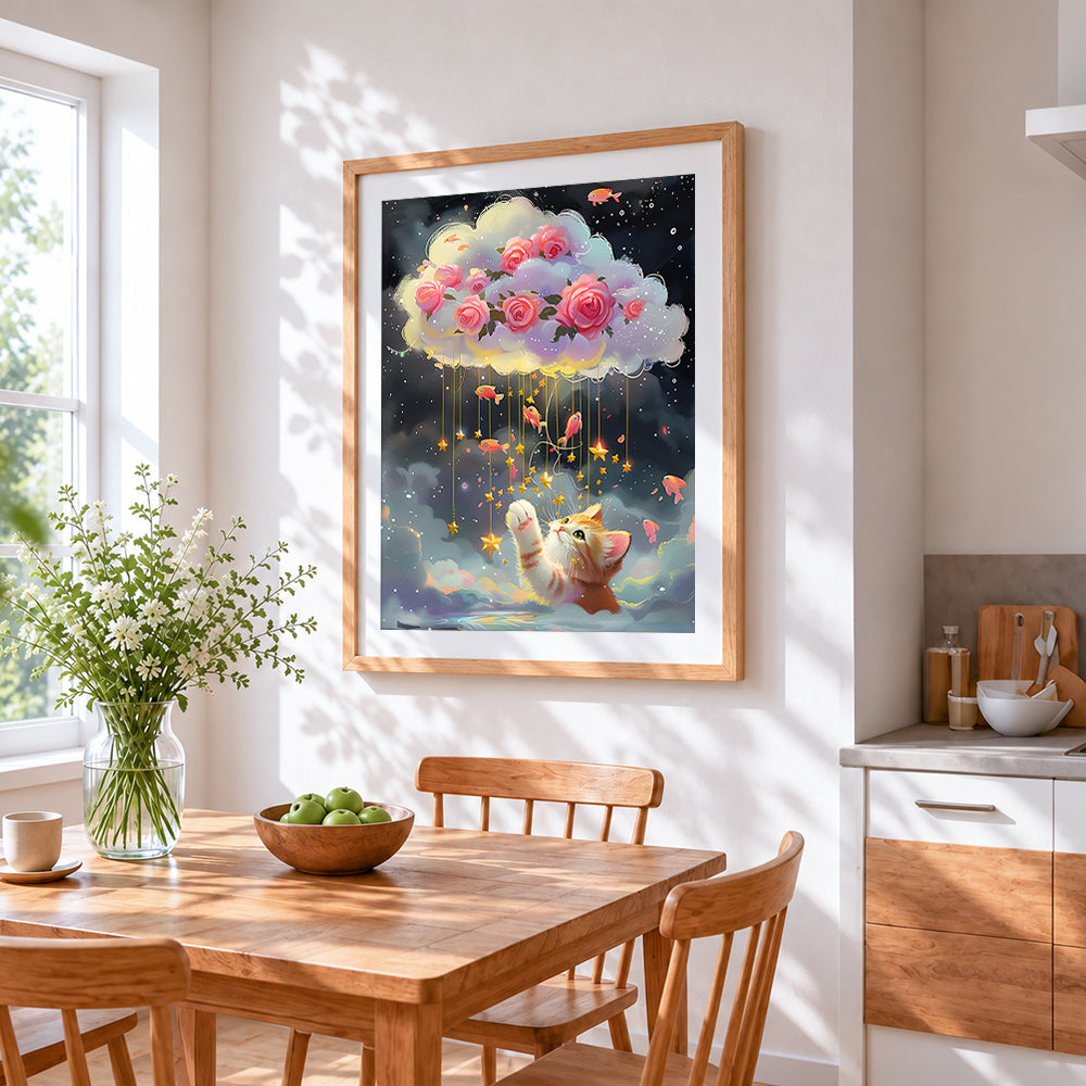 Dreamy kitten and starry cloud cross stitch artwork displayed on wall as home decor