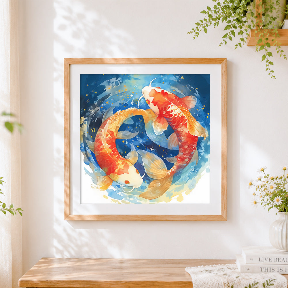 Finished dreamy koi fish in starry water cross stitch artwork displayed