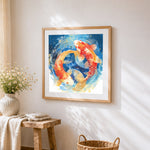 Dreamy koi fish in starry water cross stitch artwork displayed on wall as home decor