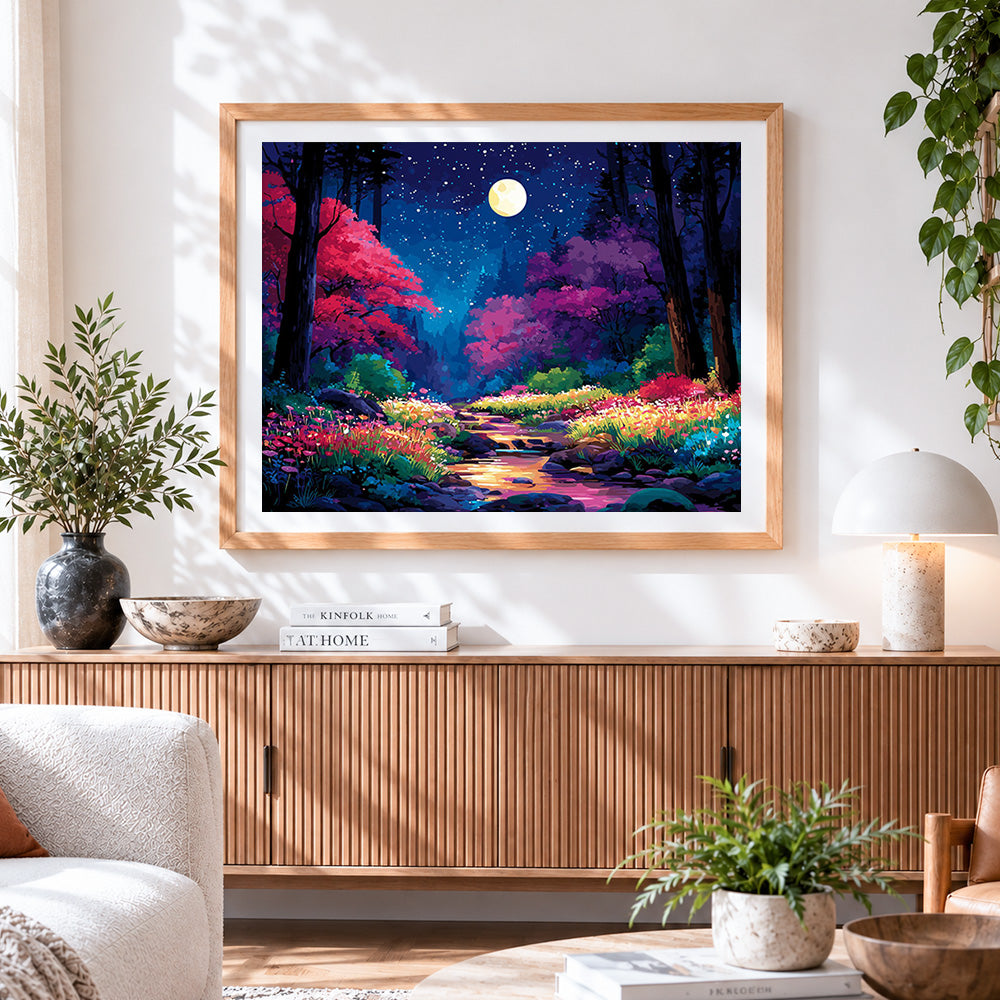 Finished dreamy moonlit forest paint by numbers artwork displayed as home decor