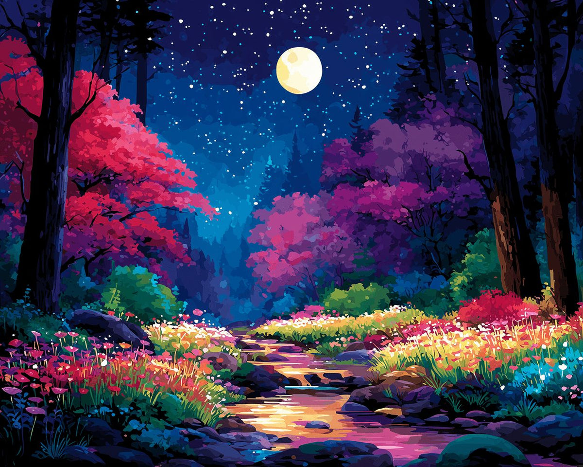 Dreamy moonlit forest paint by numbers kit for beginners