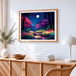 Dreamy moonlit forest paint by numbers artwork displayed on wall as home decor