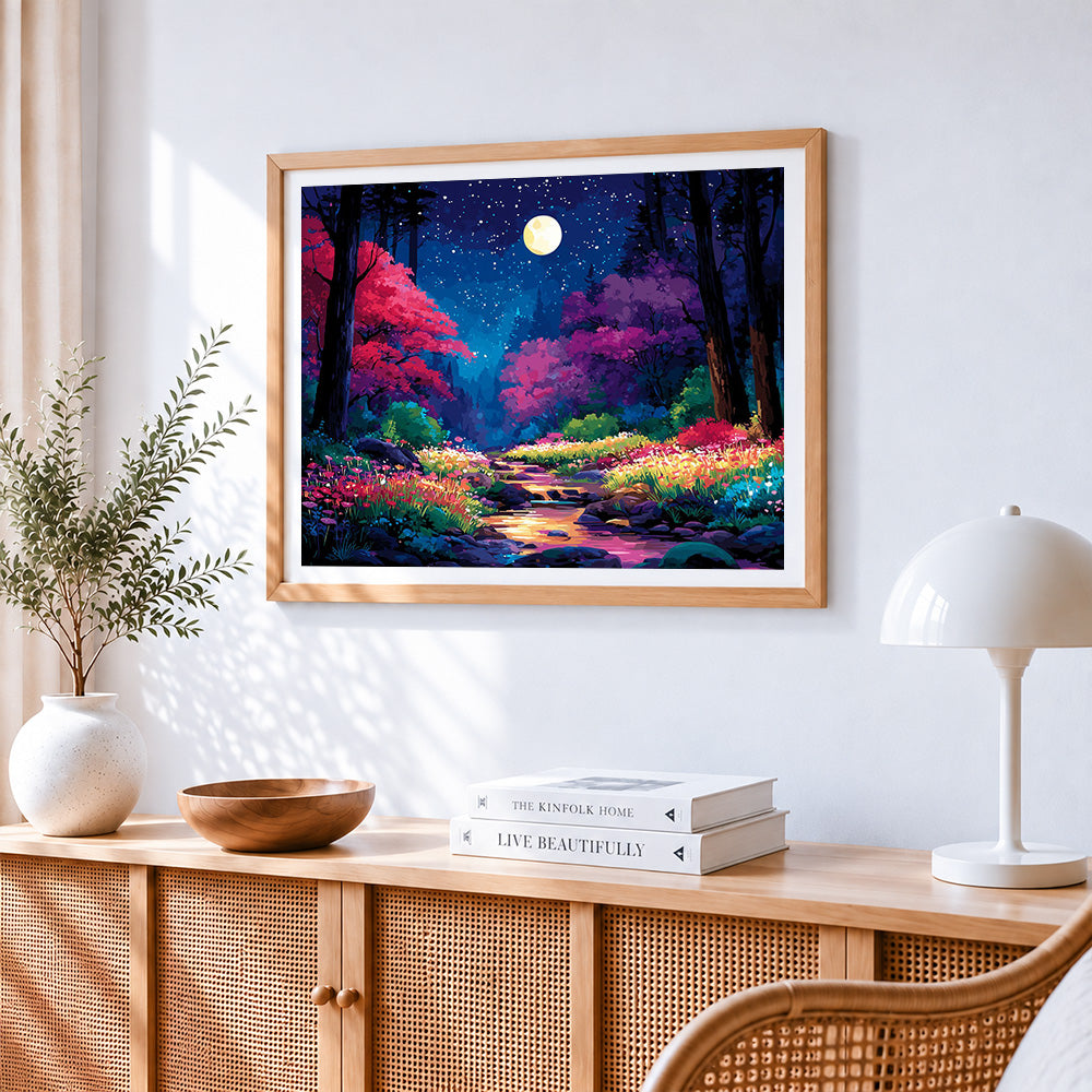 Dreamy moonlit forest paint by numbers artwork displayed on wall as home decor