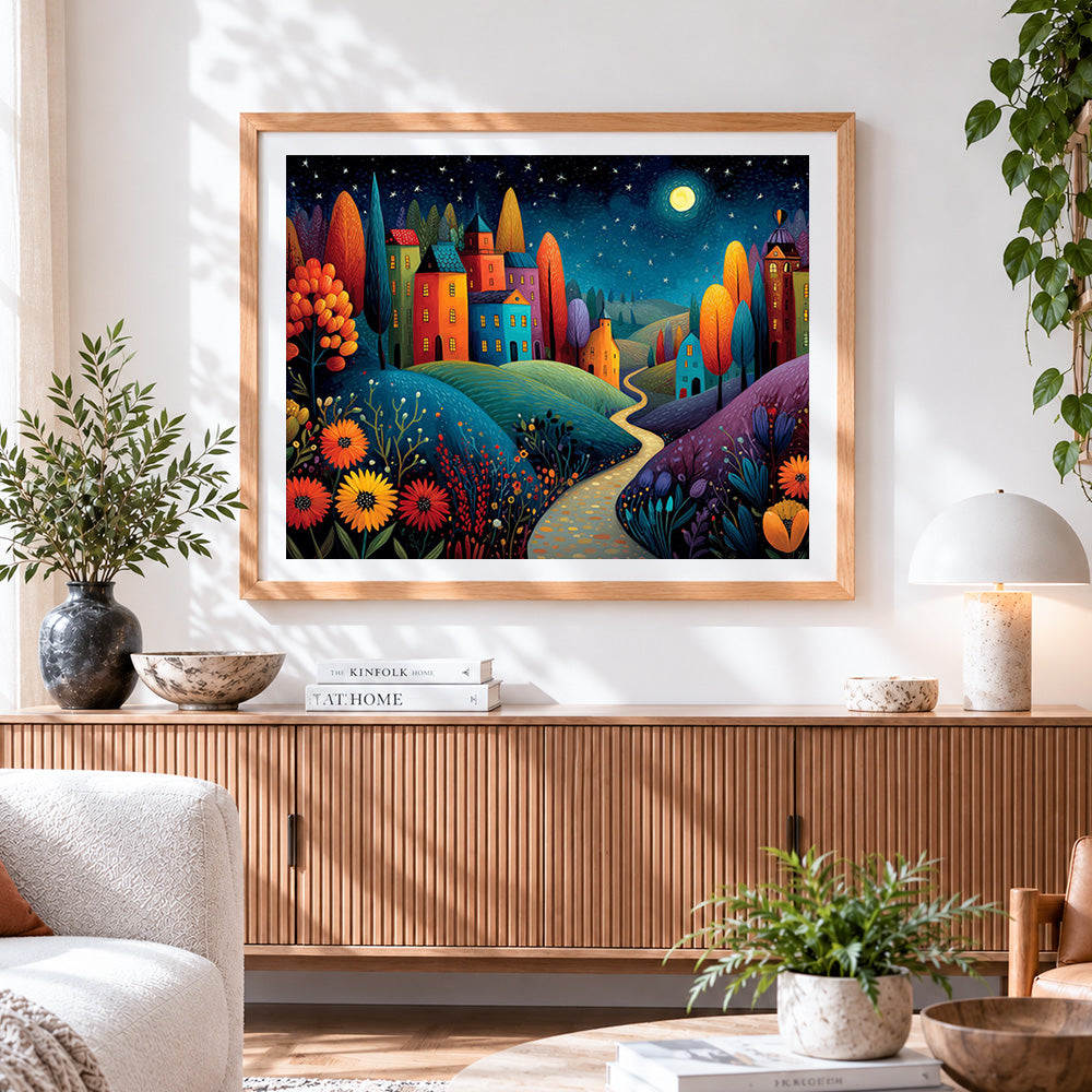 Finished dreamy night town cross stitch artwork displayed