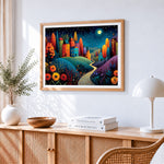 Dreamy night town paint by numbers artwork displayed on wall as home decor