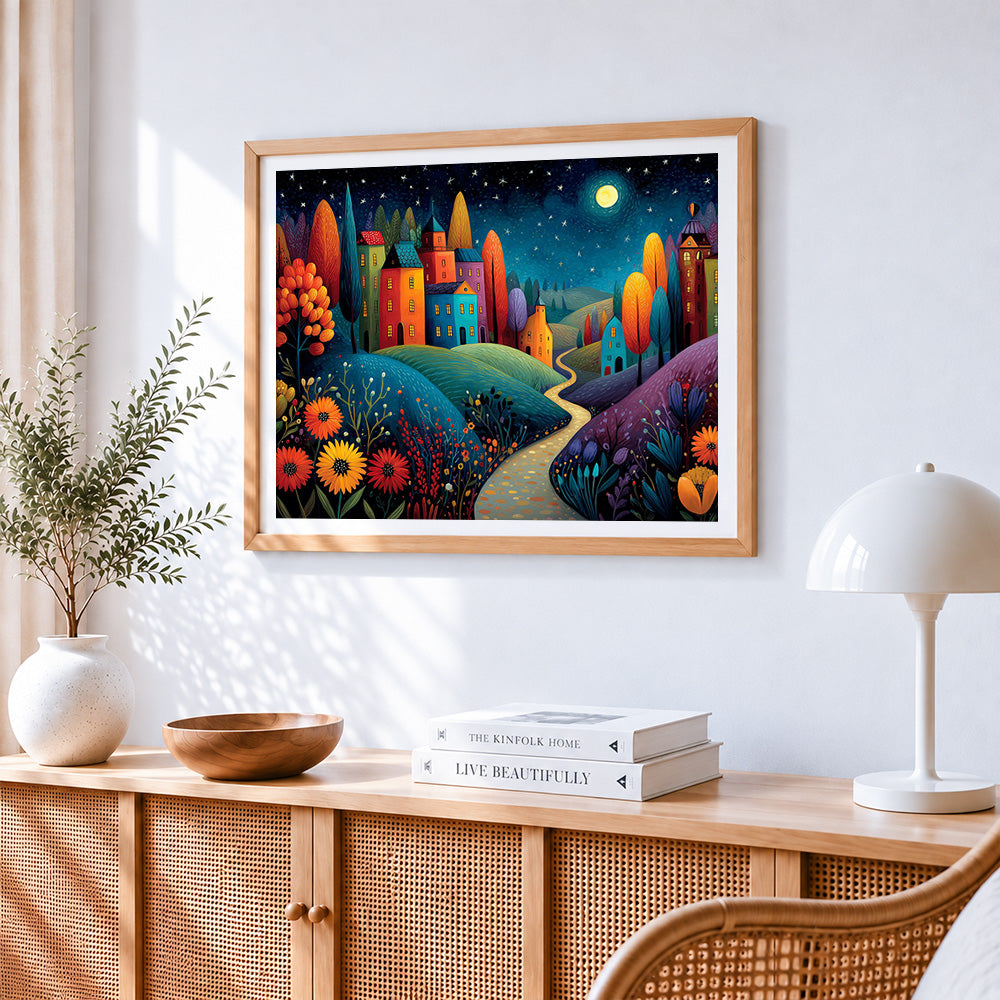 Dreamy night town paint by numbers artwork displayed on wall as home decor