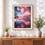 Finished dreamy pink cloud reflection cross stitch artwork displayed