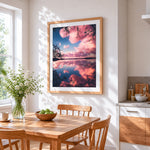 Dreamy pink cloud reflection cross stitch artwork displayed on wall as home decor